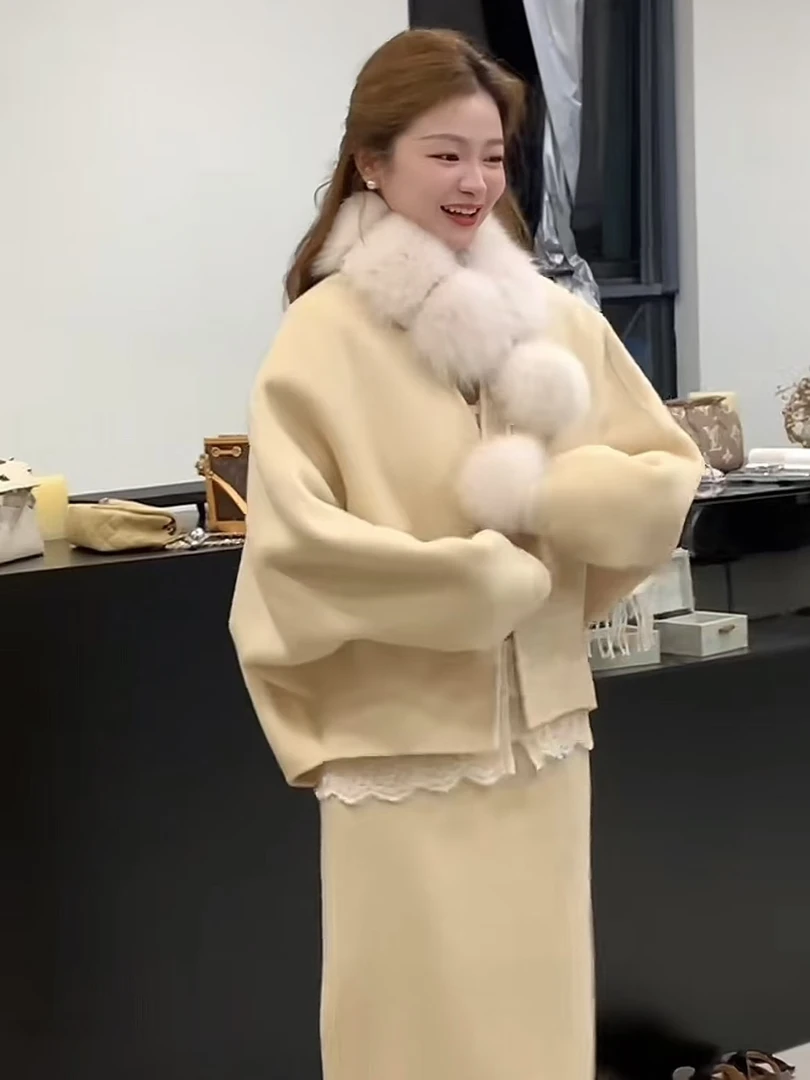 崔与熙/CUIXI【泡芙套装】baby蓝、贝儿粉廓形手工双面呢时尚套装