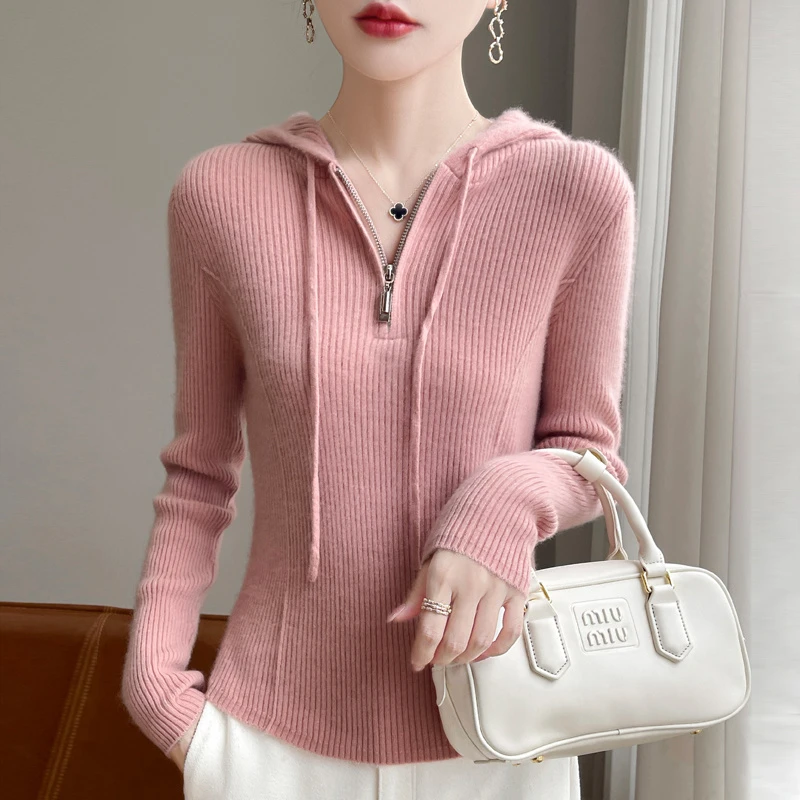 超绝美~秋冬新款半拉链抽条帽衫女外穿卫衣纯色休闲百搭针织衫