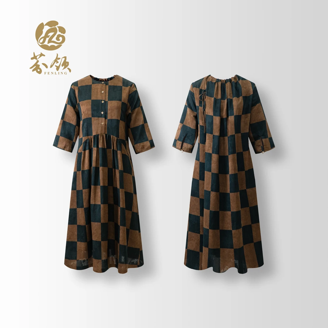 芬领-时尚格子-桑蚕丝老料香云纱四经绞罗宽松连衣裙SY1595