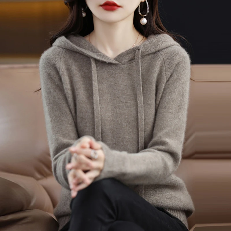 羊毛衫女宽松保暖连帽针织衫春秋新款卫衣纯色外套打底衫加厚毛衣