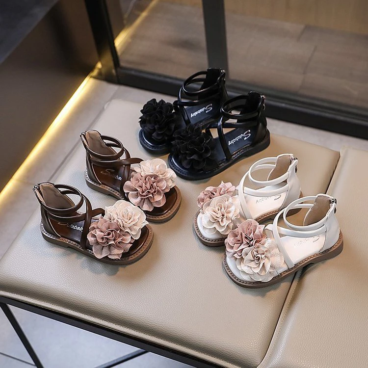 歪博2024新款干枯玫瑰仙女凉鞋夏季温柔百搭罗马鞋花朵沙滩鞋女童