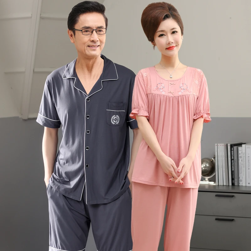 中老年爸爸妈妈情侣莫代尔睡衣女夏季短袖七分裤夏天男士高档套装