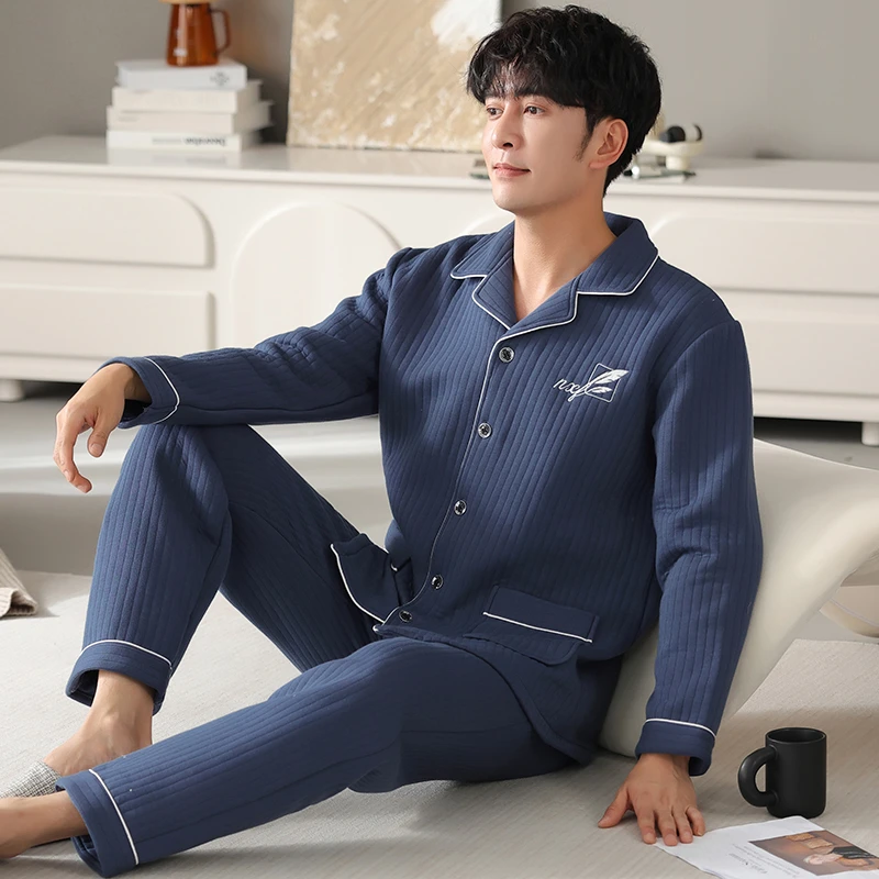 2023年秋季新款针织夹棉睡衣男士系扣中年爸爸加大码空气棉家居服