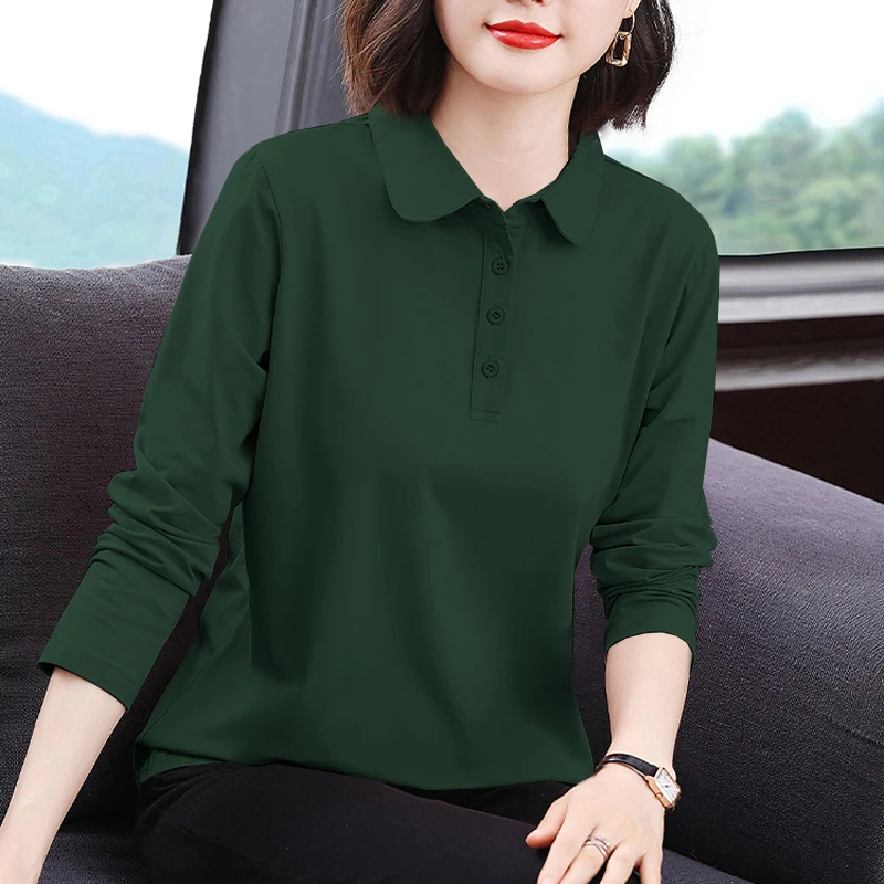 新款纯棉大码减龄胖MM宽松遮肚polo领女装T恤女春秋翻领长袖上衣