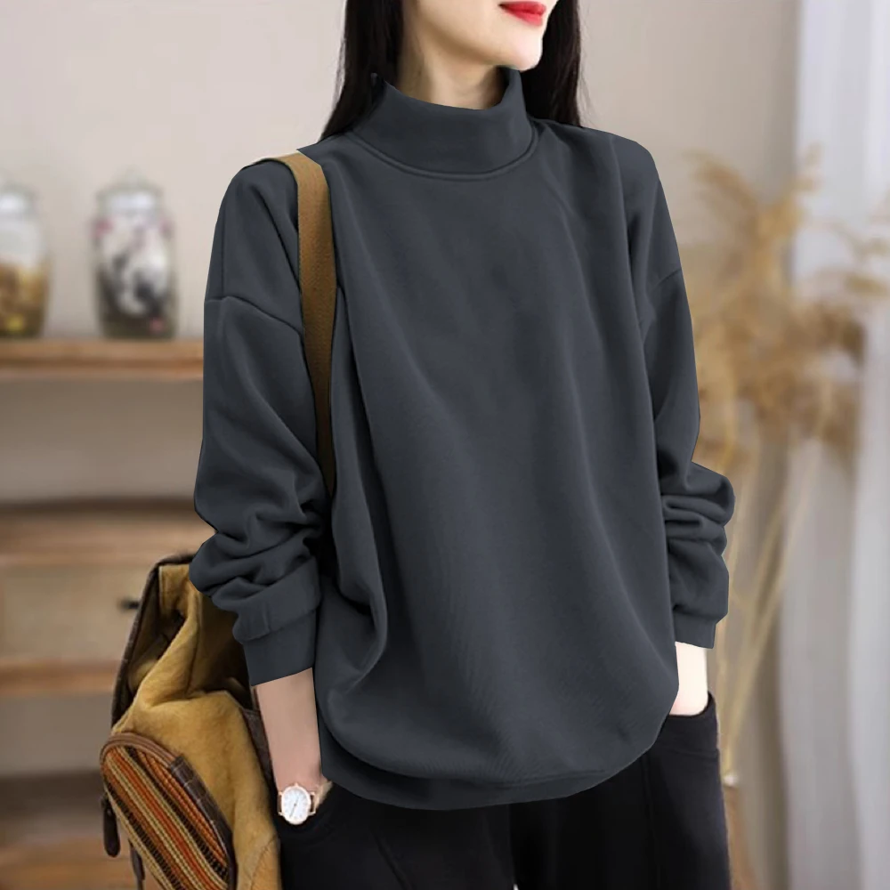 大码胖mm简约半高领卫衣女纯棉秋冬文艺宽松休闲百搭立领长袖上衣