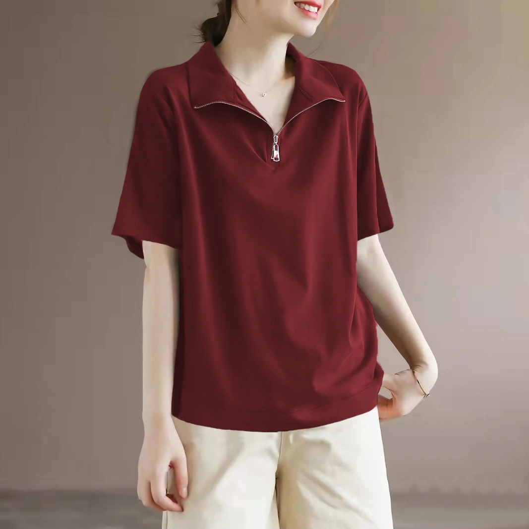 纯棉设计感半拉链短袖T恤大码时尚休闲百搭夏季宽松纯色翻领上衣