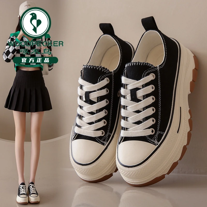 啄木鸟夏季新款韩版小白鞋女潮学生厚底透气帆布鞋休闲板鞋