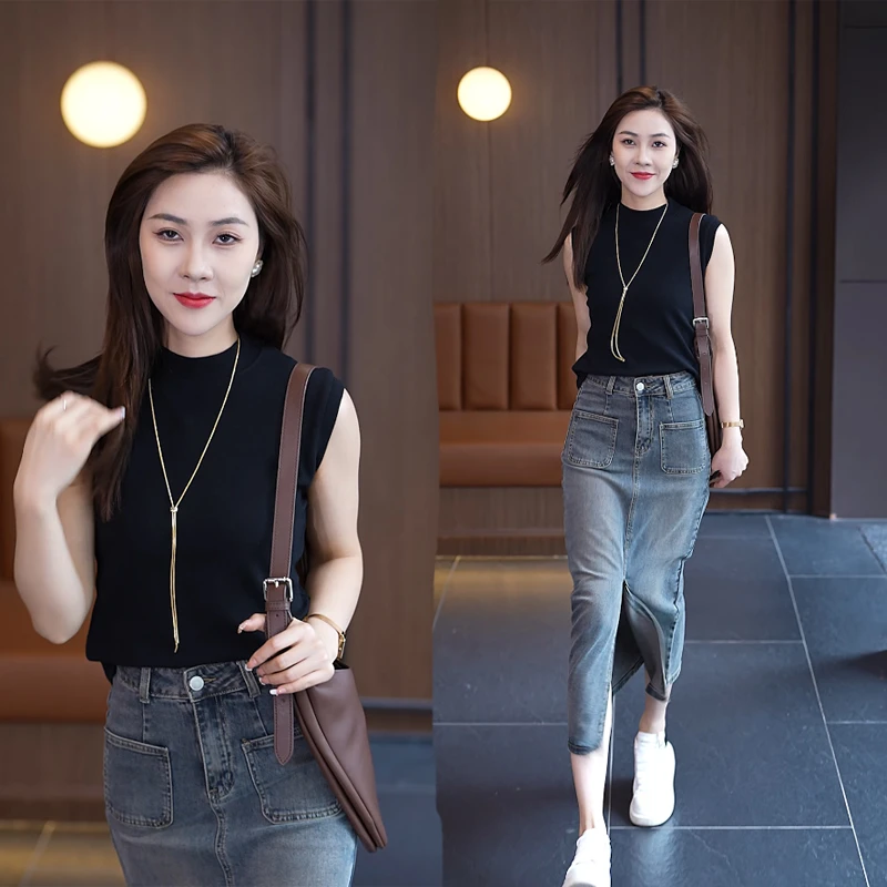 2023秋冬新款半高领性感无袖上衣纯色内搭打底衫