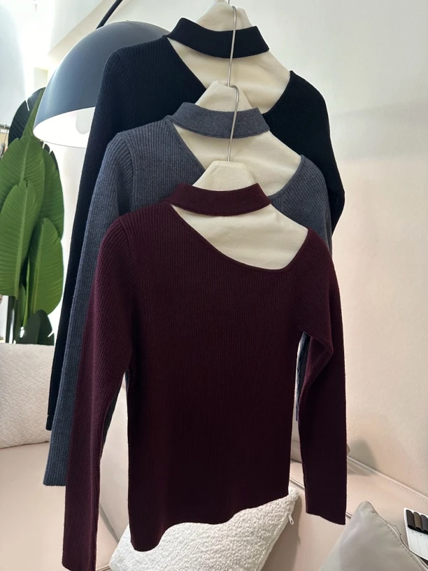 【挂脖斜肩】复古修身纯色针织衫上衣