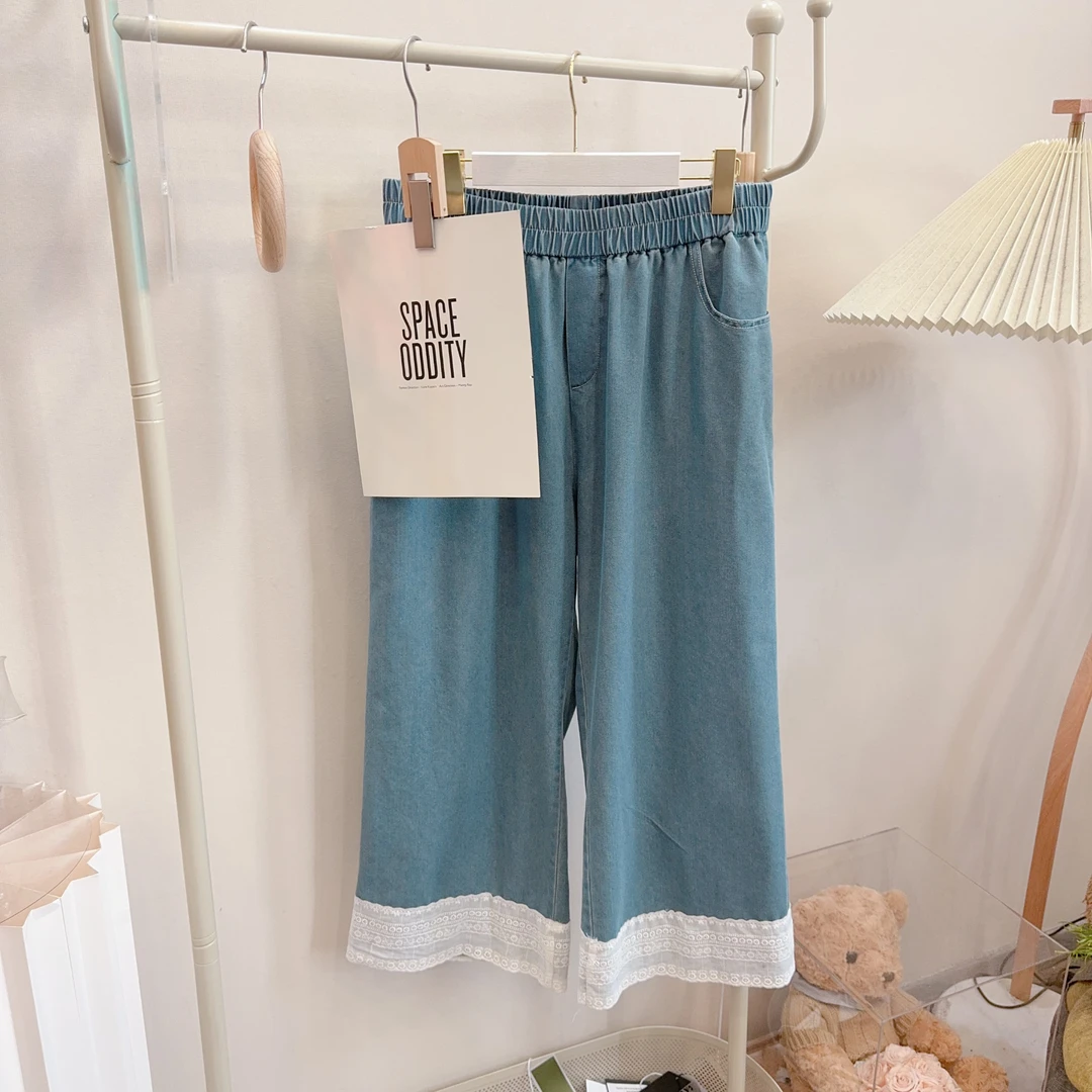 胖胖家*150新款蕾丝边高腰显瘦百搭阔腿裤