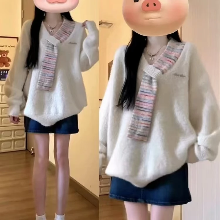 胖胖家*33568新款彩色围脖V领百搭毛衣