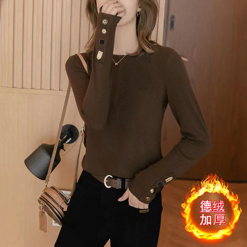 德绒加厚打底衫女2023秋冬新款修身设计感长袖T恤内搭保暖上衣潮