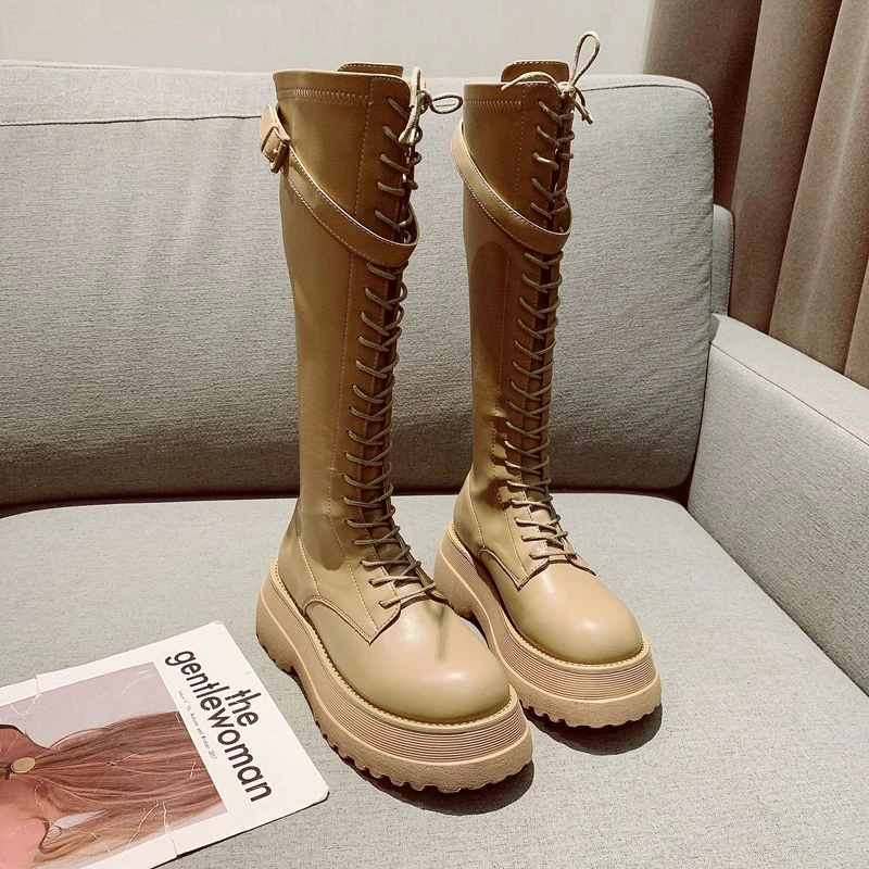 厚底长筒靴2022秋冬新款骑士靴女显瘦高筒靴圆头增高系带长筒靴潮