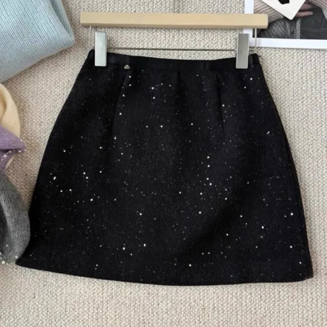 韩版小香风亮片半身裙女2024秋冬季法式高级感重工烫钻毛呢短裙子