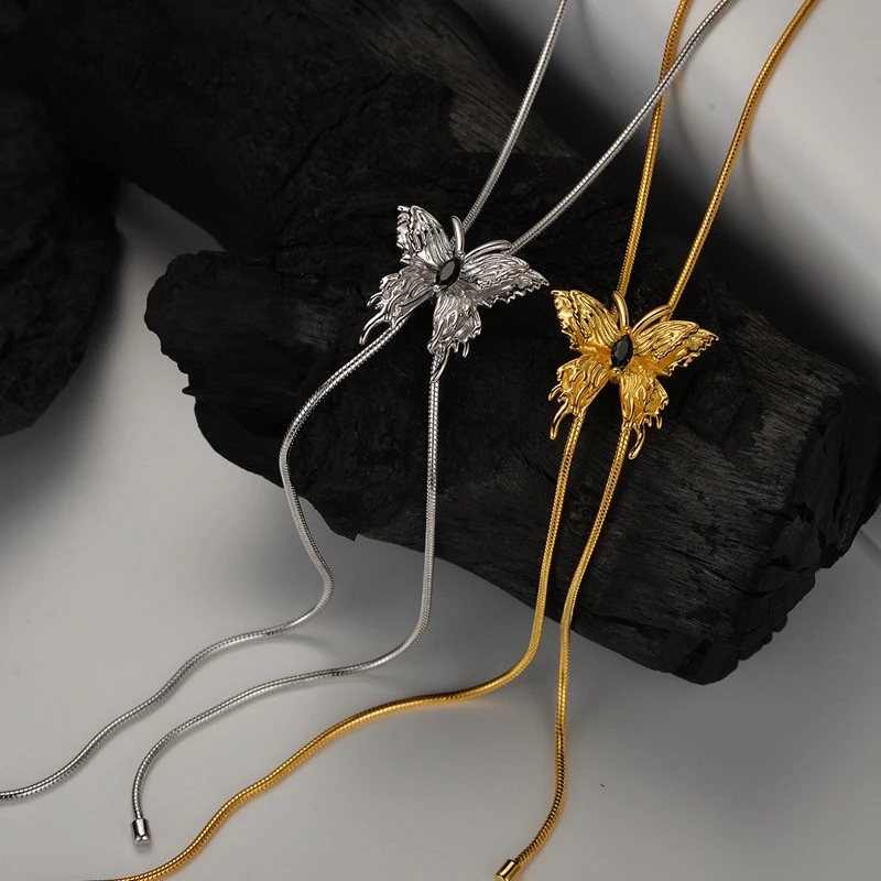 坠链均925银 纯银蝴蝶项链抽拉式长款毛衣链 秋冬新款情人节礼物