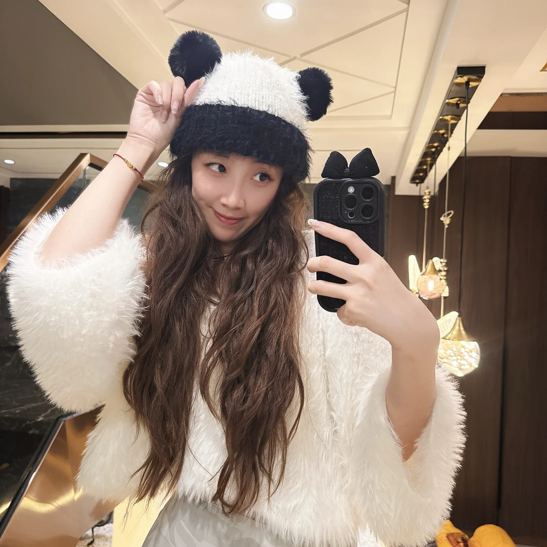 减龄毛线仿皮草毛绒耳朵手工针织帽秋冬加厚保暖百搭休闲学生帽子