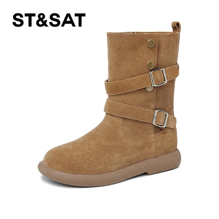 St&Sat/星期六新款皮带毛毛复古大头面包鞋短靴