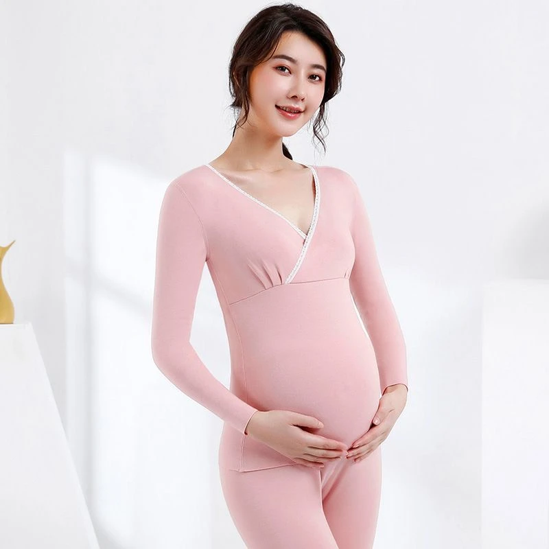 秋冬德绒V领秋冬孕妇保暖内衣加绒产后哺乳秋衣秋裤喂奶打底衣