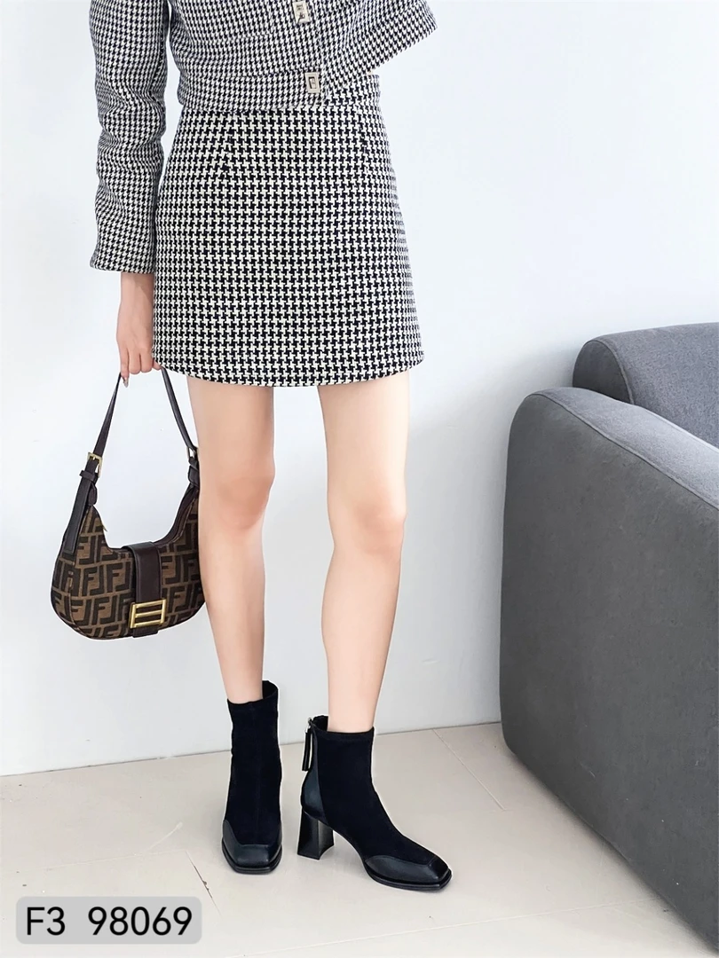 F3潮流女鞋2024新款粗跟短靴