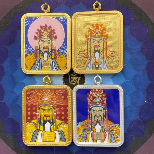 青海热贡名画师纯手绘五台山龙五爷随身小卡4×5的彩金唐吊坠挂件