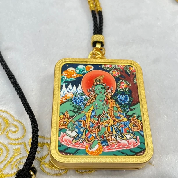 热贡精品随身小唐卡 尕藏老师新款手绘4×5绿度母一幅 吊坠挂件