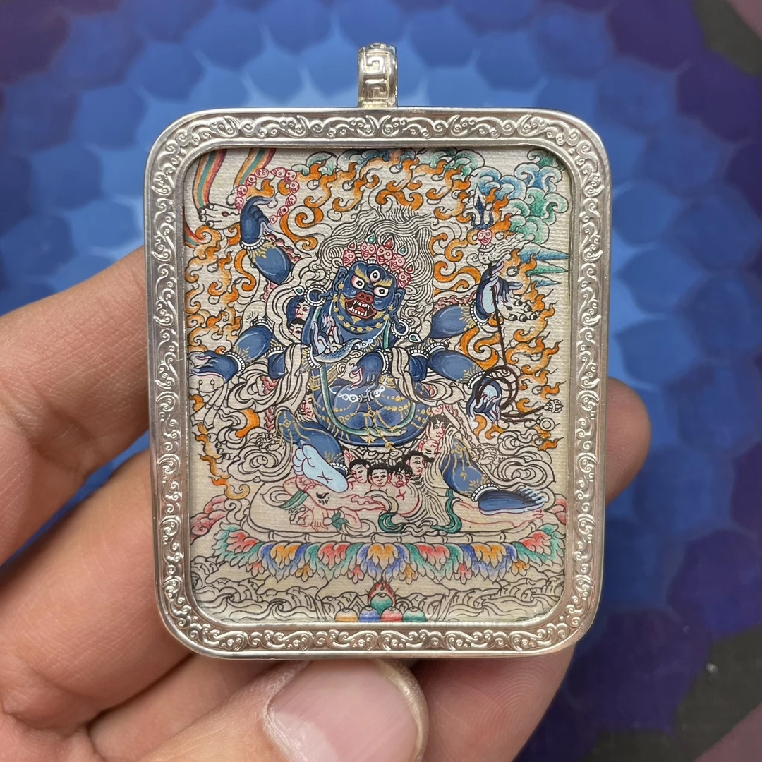 一物一图，青海热贡名画师纯手绘小唐卡六臂大黑天首版银唐4×5