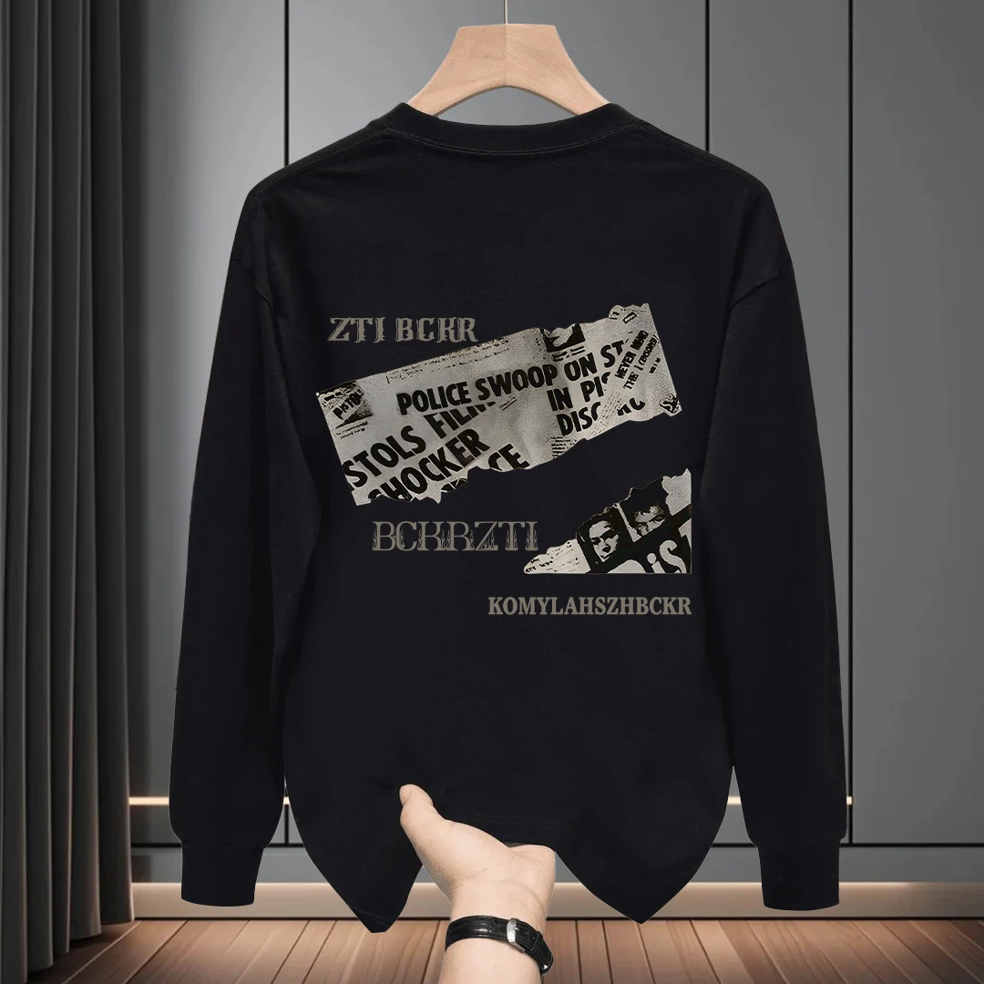 美式潮牌重磅纯棉长袖上衣春秋款街头黑色圆领宽松内搭打底体恤衫