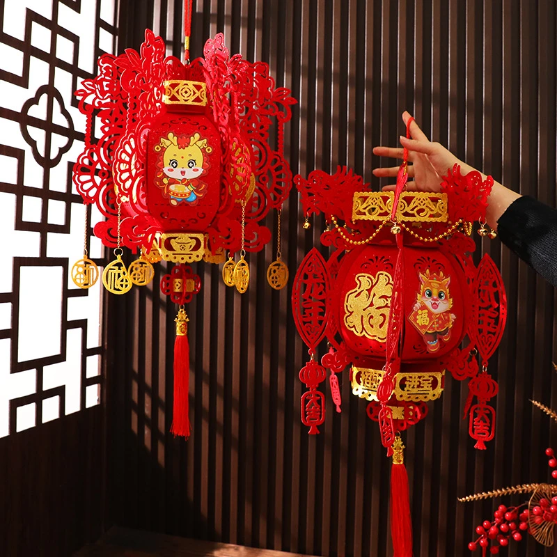 新年灯笼2024龙年新款大红小灯笼植绒无纺布福字春节布置用品宫灯