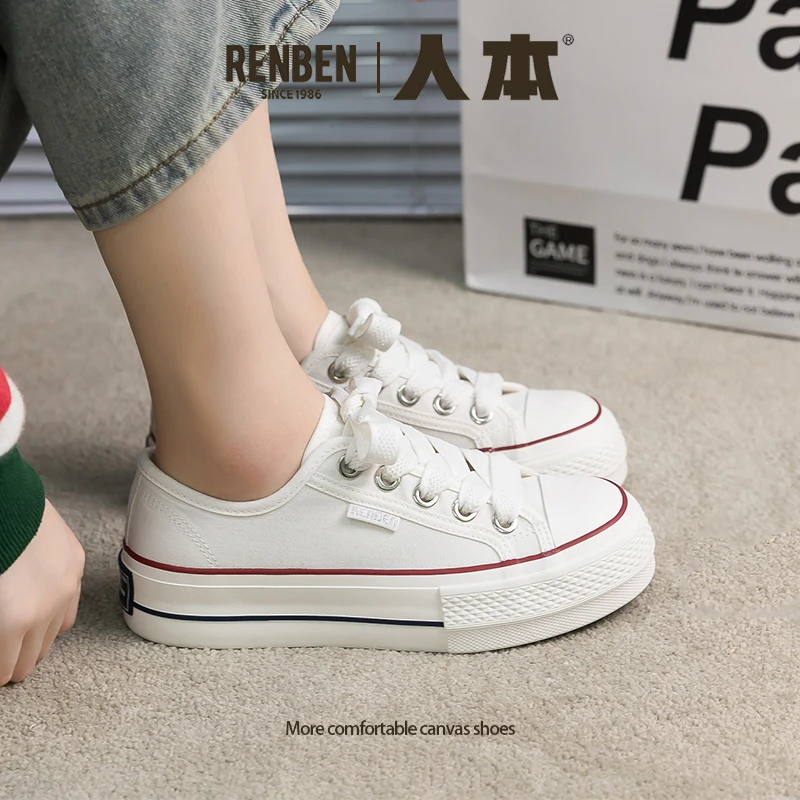 人本2025秋季新款帆布鞋女透气休闲松糕底百搭厚底低帮复古板鞋女