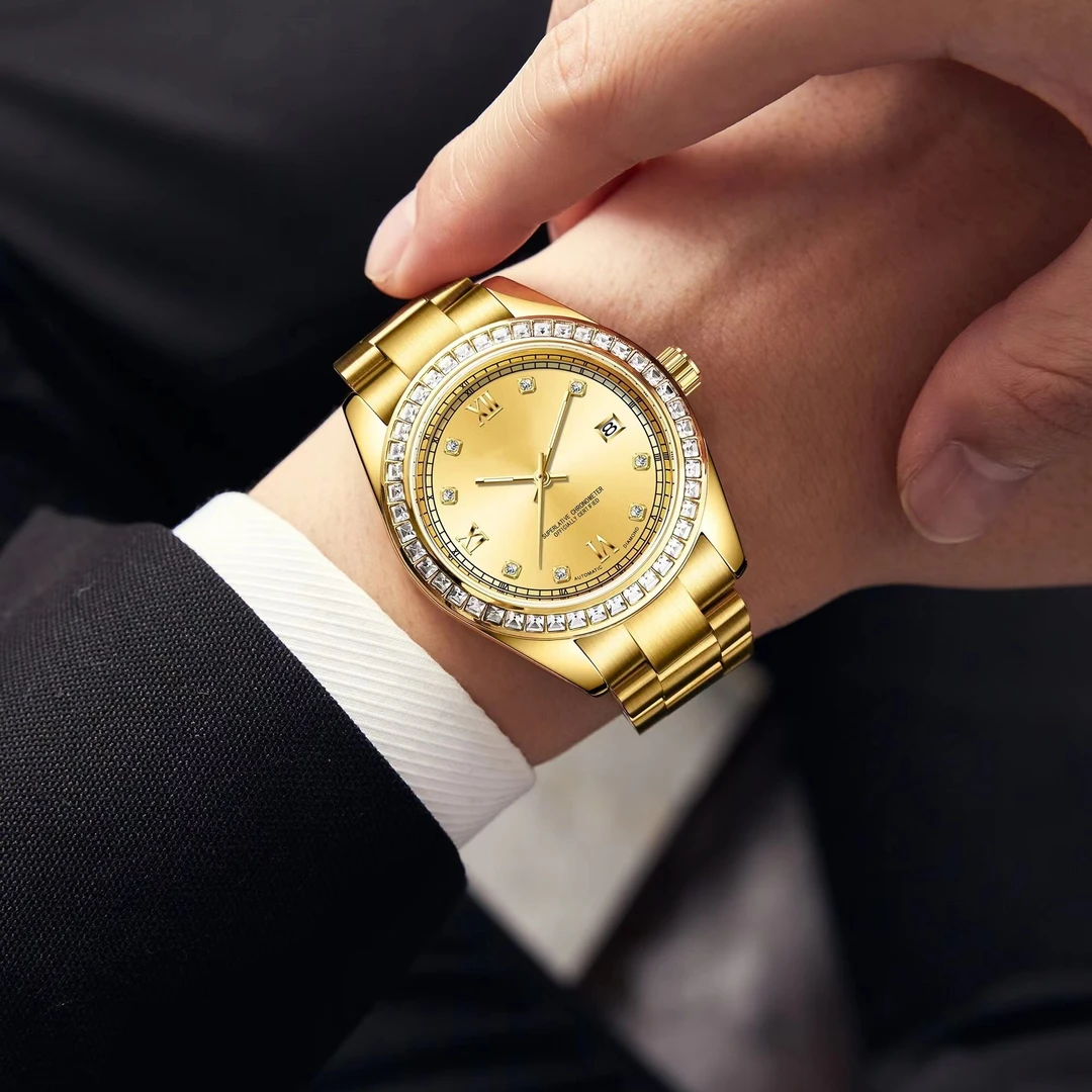 经典金色镶钻真钻防水日历机械男士腕表m8686