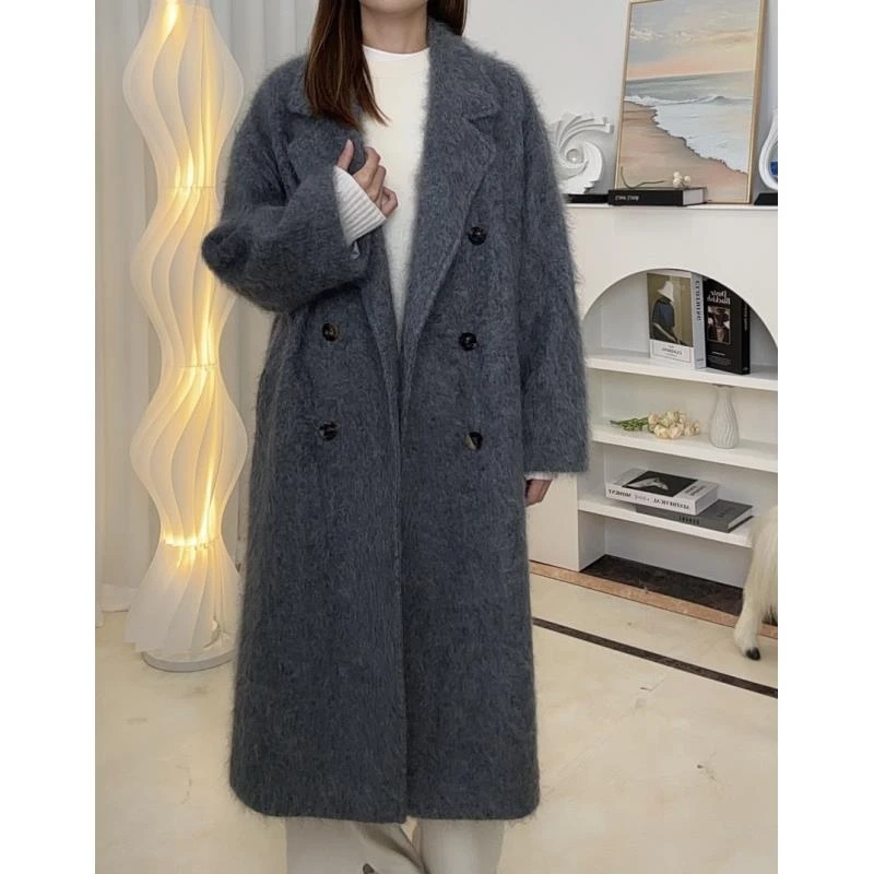 【贵妇战袍】240362拉绒工艺100羊绒经典气质轻奢双排扣梭织大衣