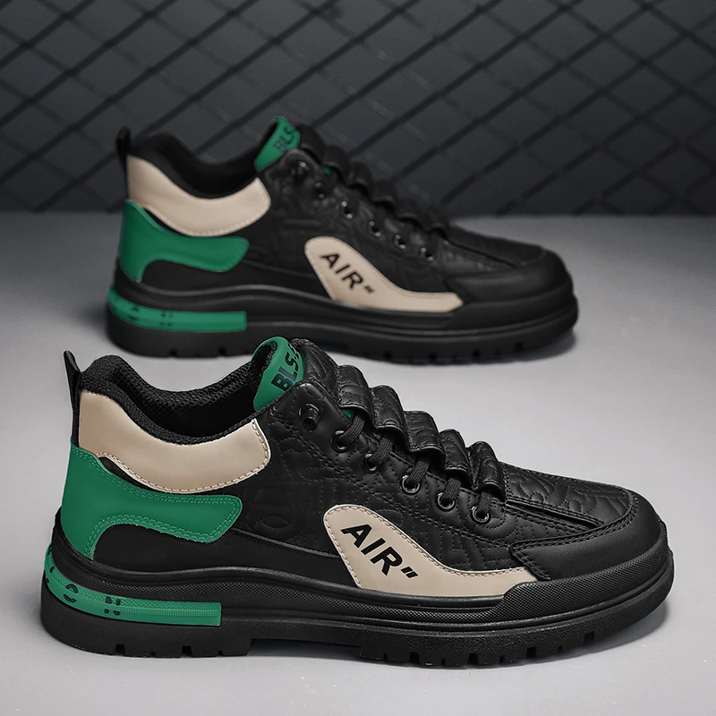 男鞋春秋款2023新款皮面时尚运动休闲鞋厚底板鞋青少年百搭