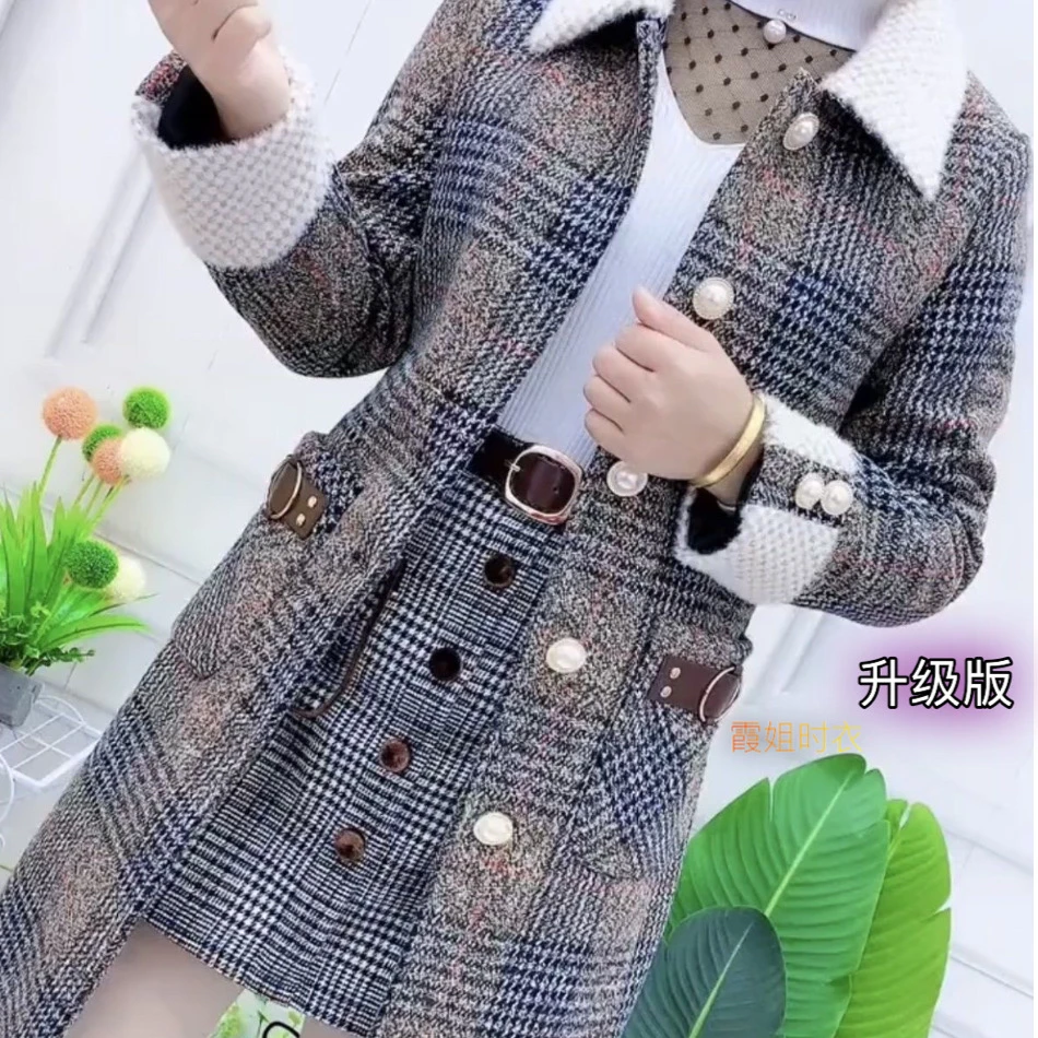 高档实体千鸟格加厚外套毛呢中长款大衣显高显瘦高档三件套女装