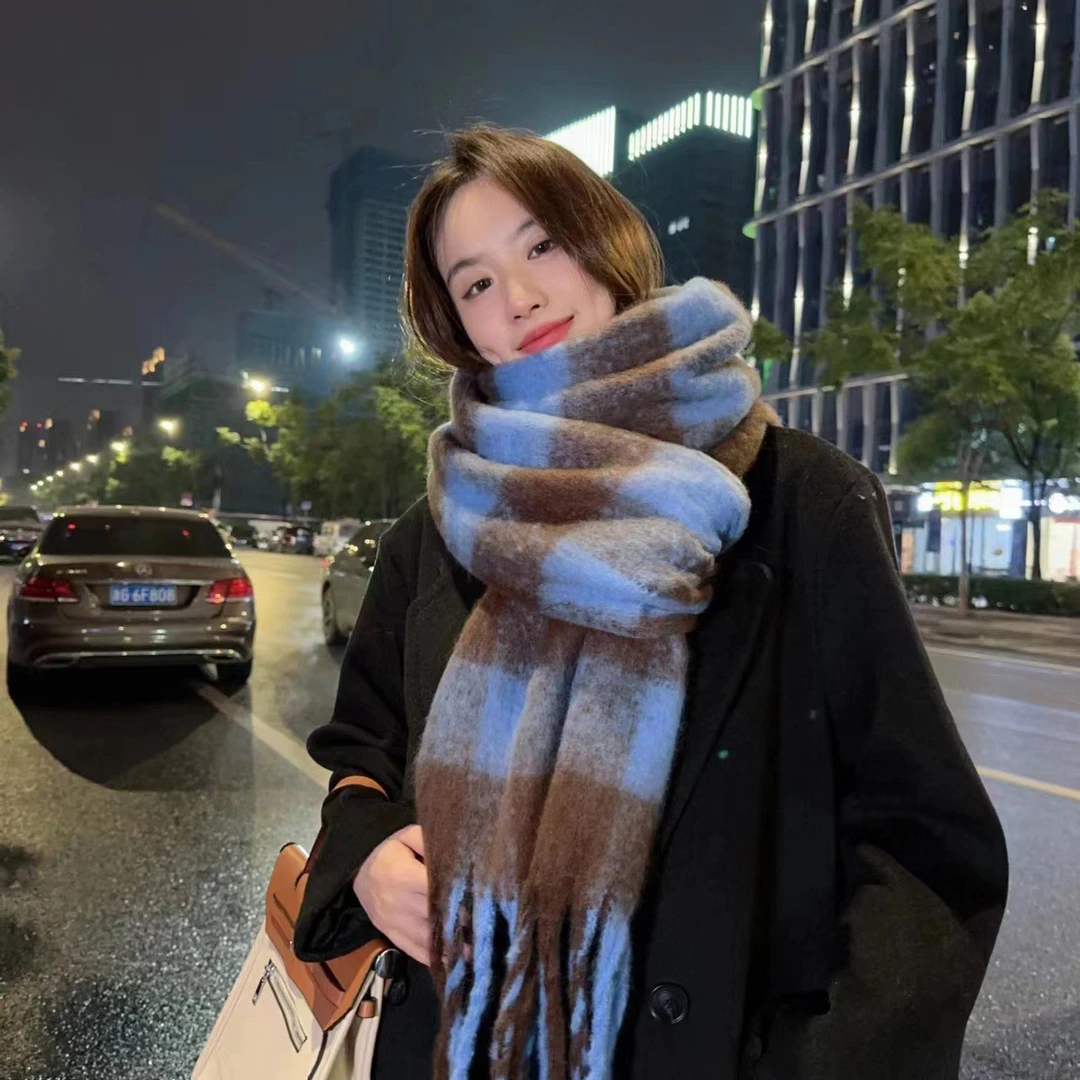 韩版网红爆款围巾高级感韩版格子百搭仿羊绒披肩加厚保暖围脖男女