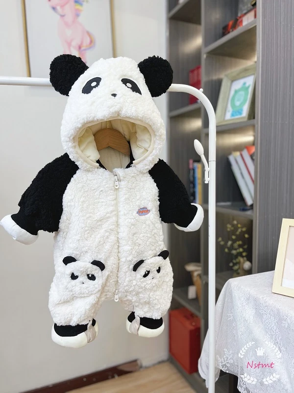 2023新品熊猫儿童连衣连帽加绒保暖儿童连体衣婴幼儿棉衣拉链款
