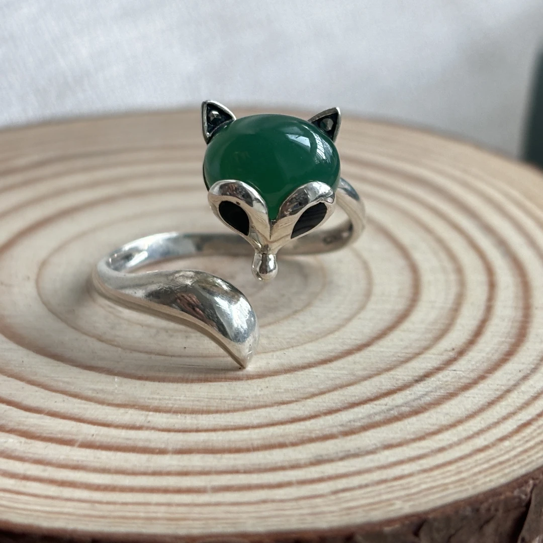 925银戒指 925复古银饰马来玉小狐狸做旧925纯银戒指女开口指环