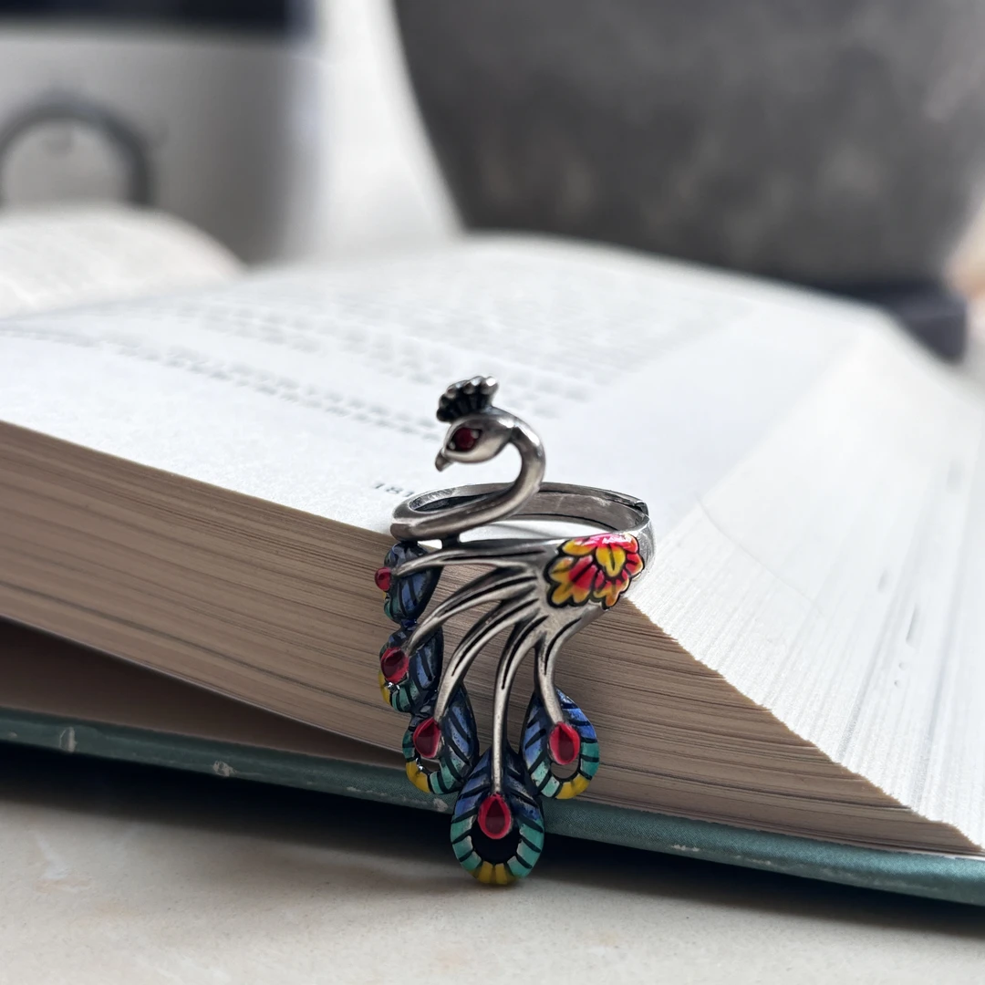 足银珐琅戒指 原创设计手工s999足银珐琅彩复古时尚轻奢女戒指环