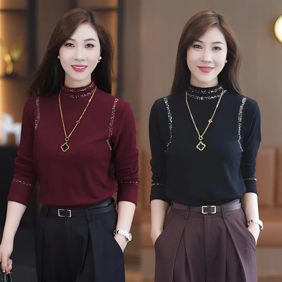 秋冬季澳绒磨毛T恤女烫钻半高领外穿打底衫弹力大码显瘦上衣长袖