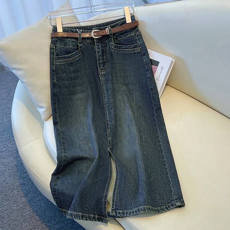 秋季高档牛仔裙百搭中长款显瘦半身裙高腰大码过膝A字裙开叉裙子
