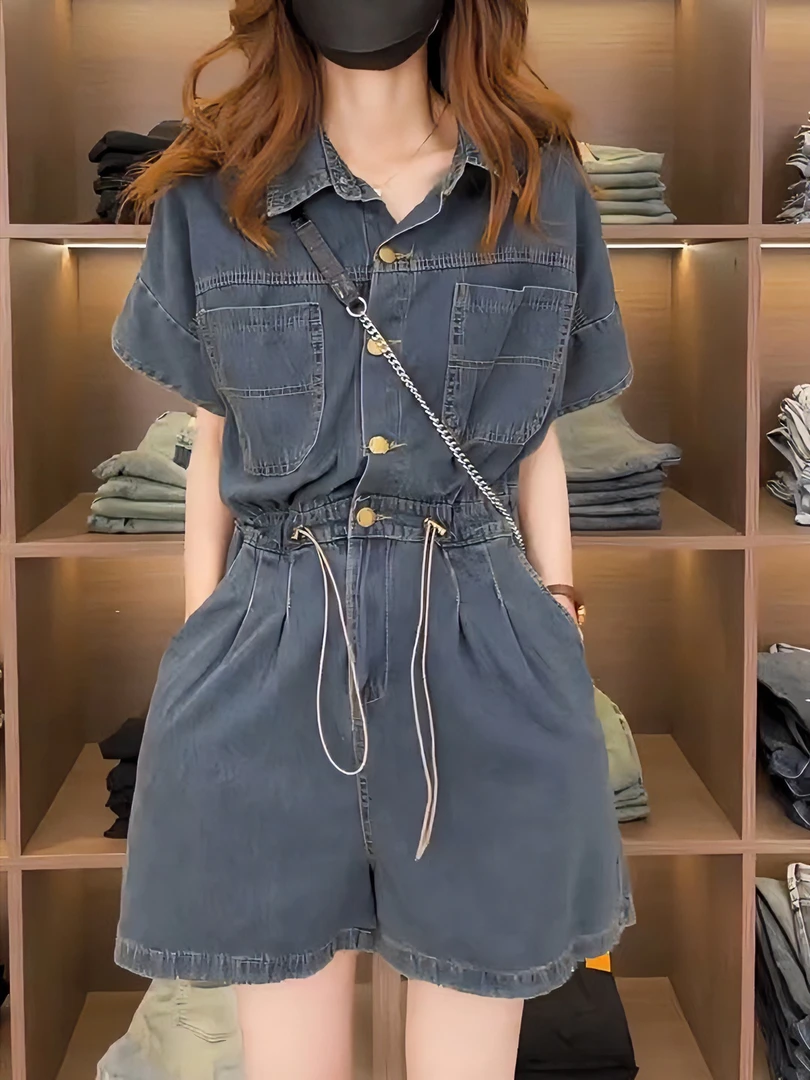 女森说大码女装牛仔连体裤夏季薄款抽绳收腰宽松显瘦减龄连体短裤