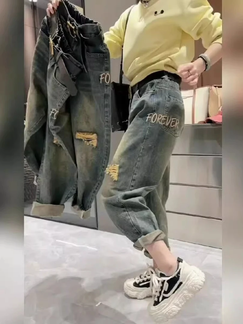 2025春季大码高腰直筒哈伦牛仔裤女胖mm遮胯宽松假破洞刺绣老爹裤