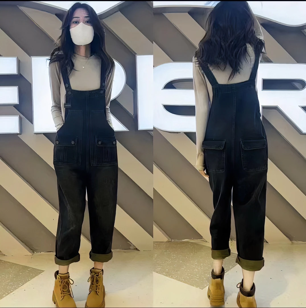 2025年春秋新款复古百搭牛仔背带裤女微胖大码减龄遮肉显瘦牛仔裤