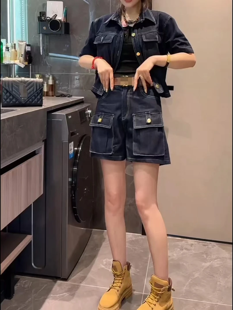 女森说夏季新款时尚牛仔套装短袖衬衫外套休闲显瘦高腰短裤两件套