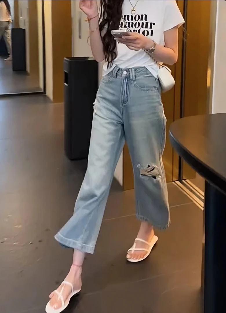 2025夏季薄款破洞直筒九分裤女胖mm遮肉显瘦百搭高腰阔腿牛仔裤