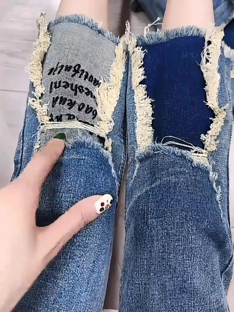 大码毛边破洞烟管牛仔裤女2025年春季新款胖mm遮肉显瘦九分直筒裤
