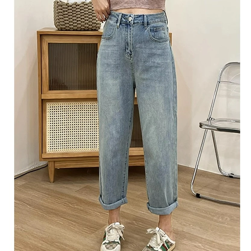 2023夏季新款大码显瘦哈伦牛仔裤微胖女生裤子胖mm萝卜老爹裤子女
