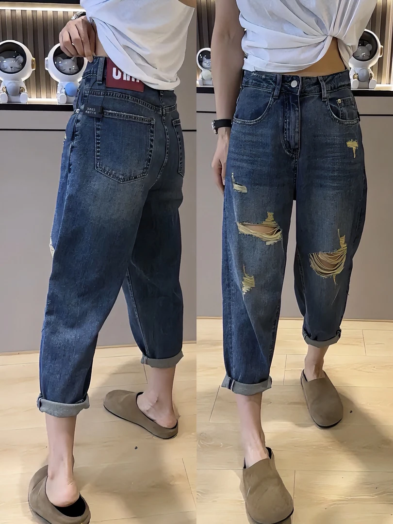 2025春季新款大码女装破洞牛仔裤子微胖梨形显瘦九分哈伦老爹裤