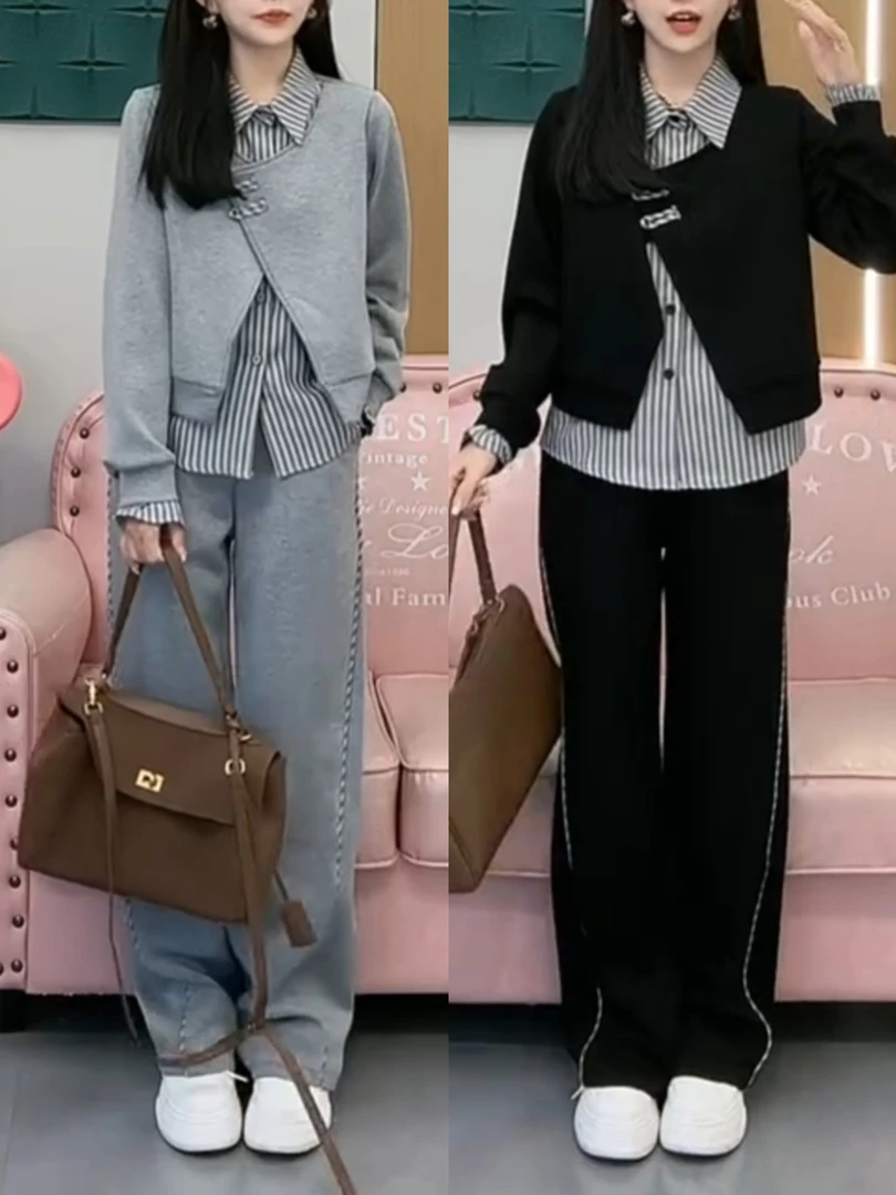 女森说秋季新款时尚洋气假两件长袖外套休闲卫裤两件套显瘦穿搭