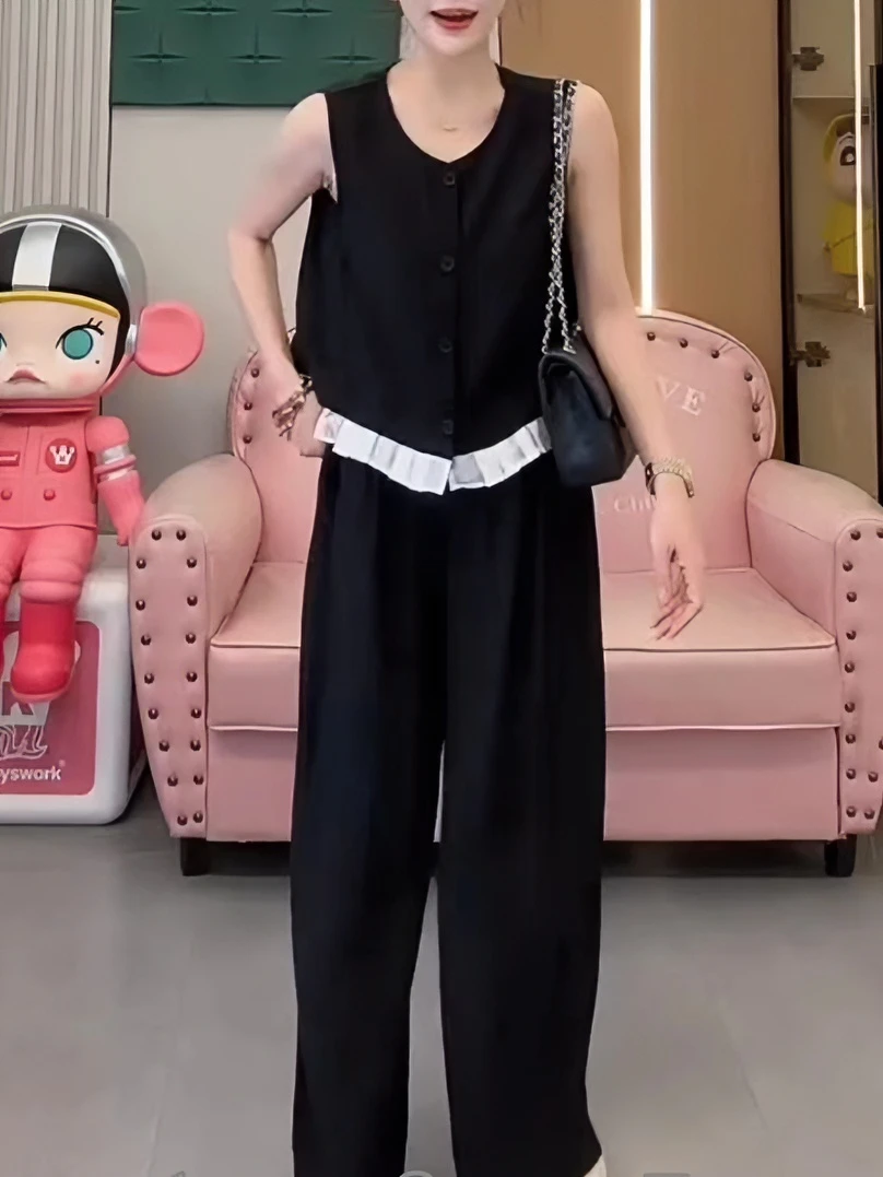 女森说夏季薄款莱赛尔天丝花边套装时尚宽松显瘦垂感冰丝两件套