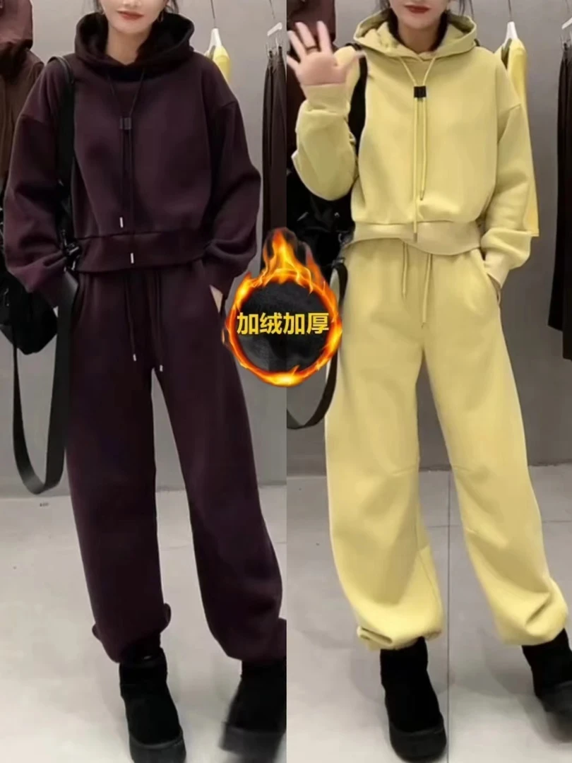 女森说冬季新款时尚套装加绒保暖卫衣松紧腰弯刀卫裤显瘦两件套